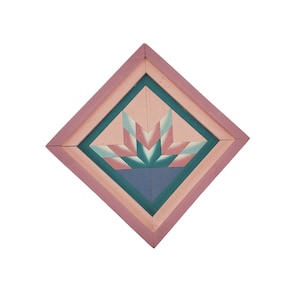 Vintage Handmade Pink and Teal Painted Diamond Shaped 7x7 Geometric Wooden Inlay Barn Quilt