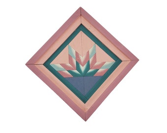 Vintage Handmade Pink and Teal Painted Diamond Shaped 7x7 Geometric Wooden Inlay Barn Quilt