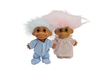 Vintage Pair of Russ Berrie Blue and Pink Boy and Pink Girl 6" Troll Dolls in Pajamas