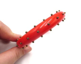 Vintage Retro Red Celluloid Plastic Brass Studded 8" Bangle Bracelet