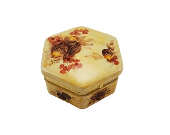 Vintage 1980's Eunice Artist Signed Hand Painted Autumn Fall Acorn and Floral Hexagon Trinket Box