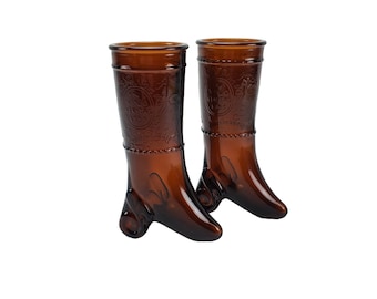 Pair of In Vino Veritas In Wine There is Truth Brown 6.5" Glass Boot Glass Vases