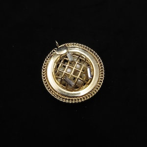 Vintage Signed Hobe Designer Hollywood Regency Gold Tone Caged Faux Pearl Rhinestone Round Reversible Pendant