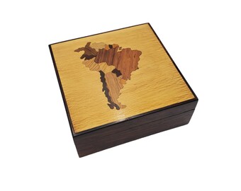 Vintage Handmade Wooden Inlay South America Continent 3.75" Square Unisex Keepsake Trinket Box World Map Traveler