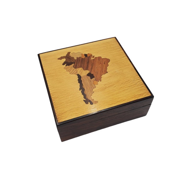 Vintage Handmade Wooden Inlay South America Continent 3.75" Square Unisex Keepsake Trinket Box World Map Traveler