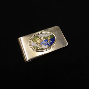 Clip para billetes de metal unisex para pesca de lubina, pescador, amante de la naturaleza, estilo vintage, ovalado, cloisonné, en tono dorado