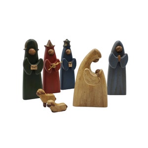 Vintage Handmade Painted Wooden Primitive Folk Art Minimalist 3 Wiseman Mary Joseph Baby Jesus 7 Piece Christmas Holiday Nativity Set