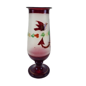 Vintage Hand Blown Bohemian Frosted and Red Ruby Flashed Glass Nautical Bird Anchor 9 Pedestal Vase image 5