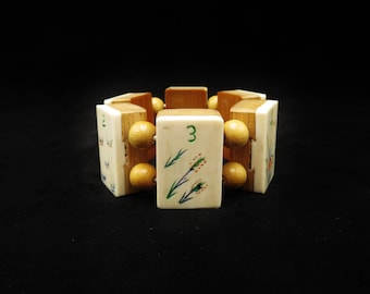 Vintage Oriental Bamboo Mahjong Tiles Red Green Floral Adjustable Statement Stretch Bracelet