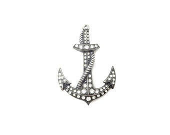 Vintage Silver Tone Clear Rhinestone Nautical Beach Ocean 2" Unisex Rope Wrapped Anchor Brooch