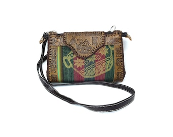 Vintage 70's Hippie Boho Hand Tooled Leather Mayan Aztec Calendar Shoulder Bag Purse