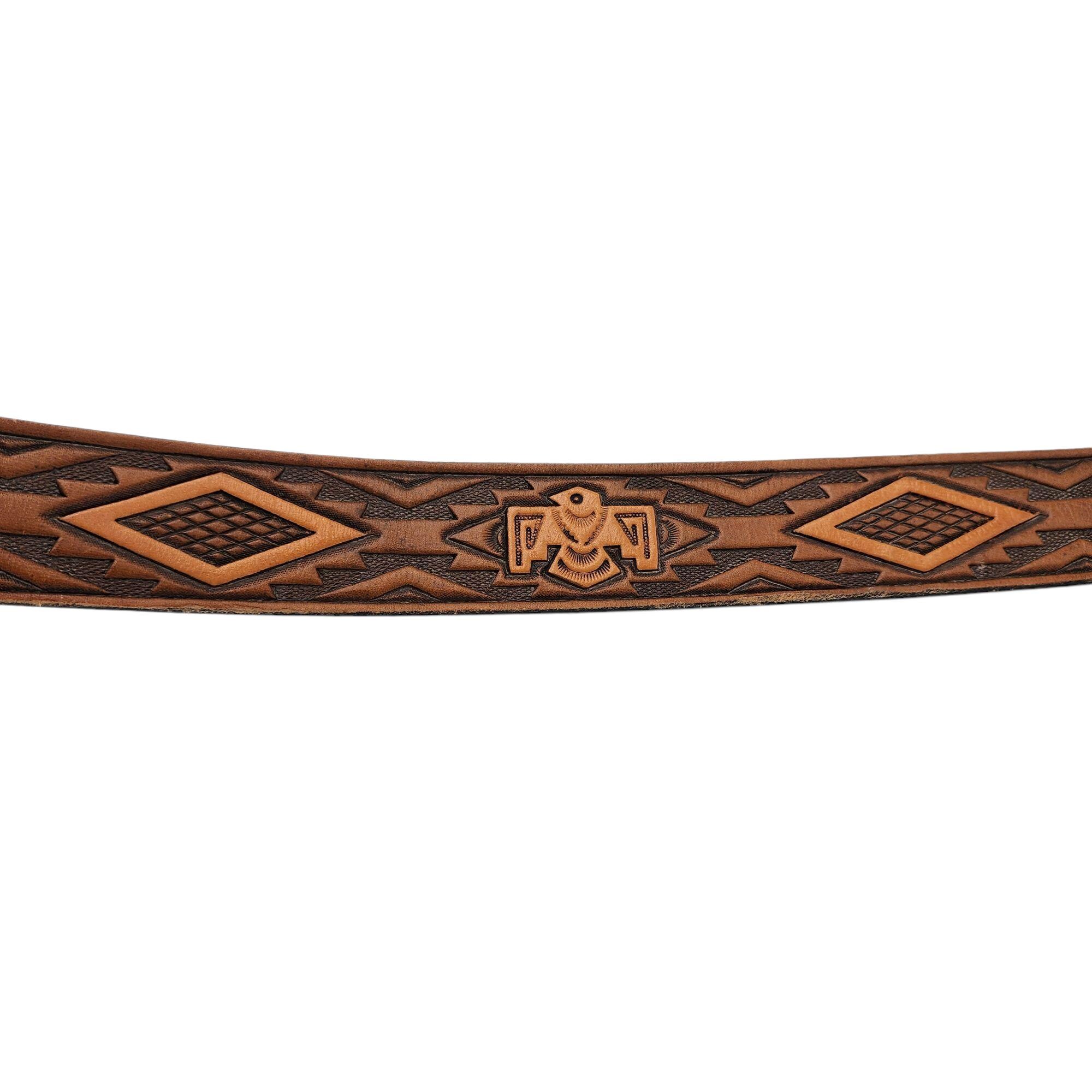 NIHAS Genuine Leather Western Belt Sz 32 Thunderbird Southwestern Boho Vtg Style Vintage Southwestern Thunderbird Geometric Embossed Tooled  main image 4