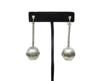 Vintage Silver Grey Pewter Pendulum Ball 2.5" Unisex Screwback Dangle Earrings