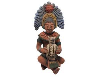 Vintage Aztec Mayan Incan Spiritual Sitting Tribal Chief Owl Headdress 10" Terra Cotta Pottery Statue Figure