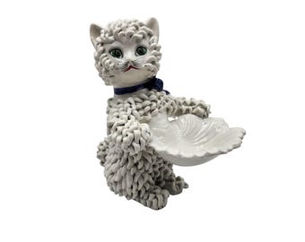 Vintage Made in Italy Majolica MCM 1950s 8.5" Sitting White Spaghetti Cat Statue Green Eyes Blue Bow Holding Shell Trinket Bowl Dish