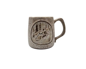 Vintage Onion River Pottery Vermont White Brown Beige Speckled Skiing Trees 12oz Redware Art Pottery Mug