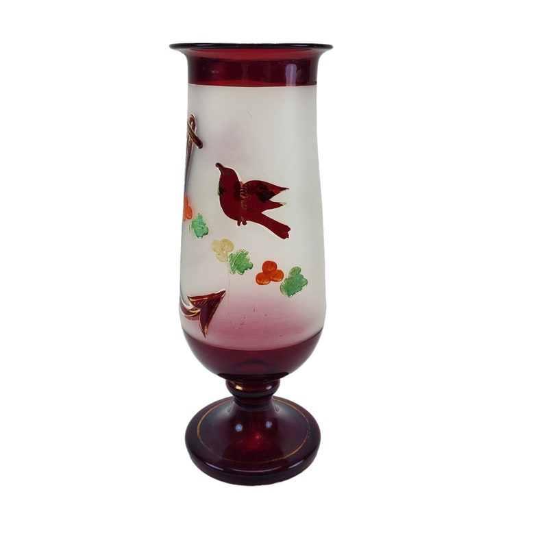 Vintage Hand Blown Bohemian Frosted and Red Ruby Flashed Glass Nautical Bird Anchor 9 Pedestal Vase image 3