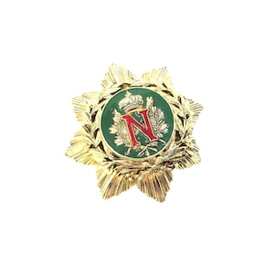 Vintage Accessocraft NYC Designer Red & Green Enamel Starburst Initial N Crest Crown Bow Statement Brooch