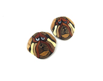 Pair of Vintage Lacquer Wood Inlay Bull Dog / Puppy Animal Pierced Earrings