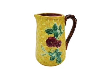 Vintage Majolica Style Floral / Flower Yellow Basket Weave 6" Ceramic Pitcher / Vase