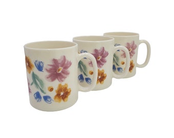 Vintage Set of 3 Arcopal France Colorful Spring Floral Milk Glass 12oz Mugs Set