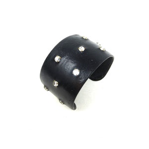 Vintage Melody Mayer Gothic Black Leather / Pleather Clear Crystal Rhinestone Adjustable Unisex Cuff Bracelet