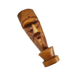 Vintage Hand Carved Wooden Aboriginal / Ethnic Natural Organic 17.5&quot; Lacquered Tall Tiki Mask Wall Decor