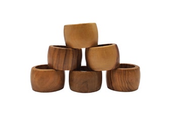 Vintage Handmade Set of 6 Round Natural Wood 1" Unisex Napkin Rings Neutral Boho