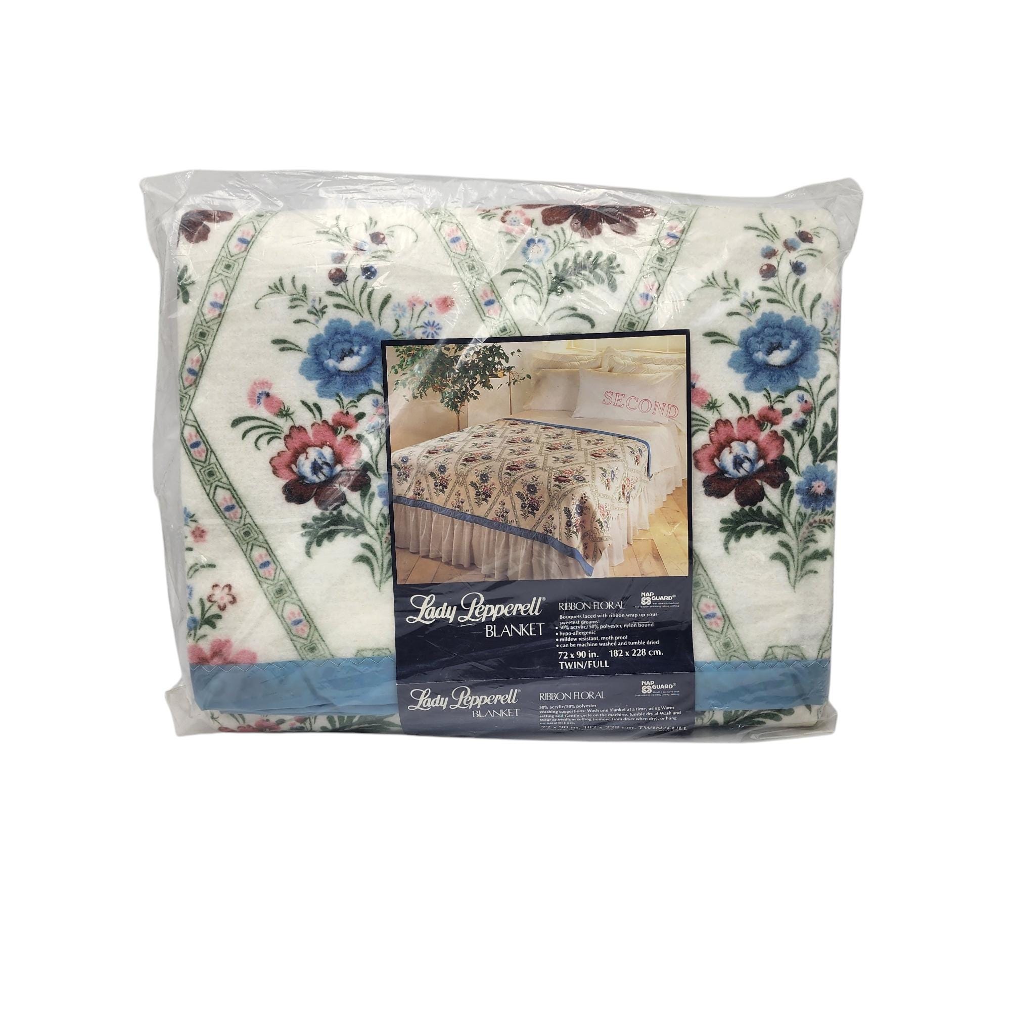Vintage Beacon Twin Floral Blanket Satin Trim Acrylic Blend 70 x 94 USA Made Bla