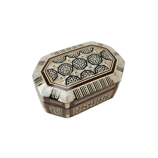 Vintage Arabic Mother of Pearl and Abalone Marquetry Wooden Hinged Trinket Box with Red Lining