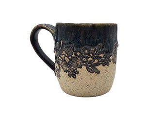 Vintage Handmade Gothic Flower / Floral Embossed Black Blue Drip Glaze 16oz Art Pottery Stoneware Mug