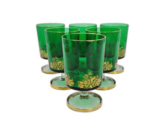 Vintage Set of 6 Luminarc Arcoroc France Emerald Green Glass and Gold Floral 6oz Footed Pedestal Glasses