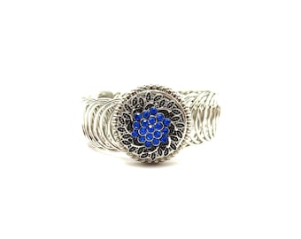Vintage Silver Tone Metal Steampunk Gothic Wire Blue Rhinestone Cluster Adjustable Bangle Bracelet