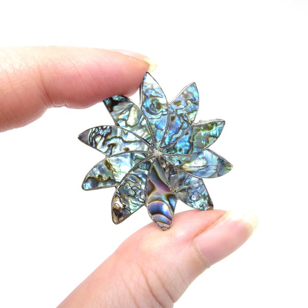 Vintage Taxco Mexico Sterling Silver Abalone Shell Inlay Pinwheel / Flower Combination Pendant Brooch