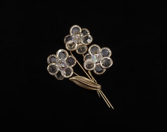 Vintage Gold Tone Bezel Set Faceted Crystal Triple Flower / Floral 2.5" Bouquet Brooch
