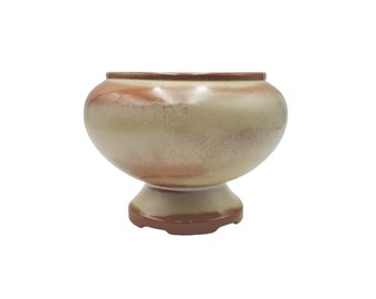 Vintage Frankoma 22 Southwestern Green Brown Glaze 6" Round Footed Pedestal Planter