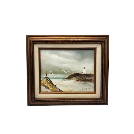 Vintage Engel Signed Hand Painted Ocean Seagulls Lighthouse Beach