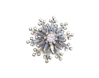Vintage Unmarked Blue Opalescent Glass Navette & AB Rhinestone 2.5" Snowflake Cluster Statement Brooch