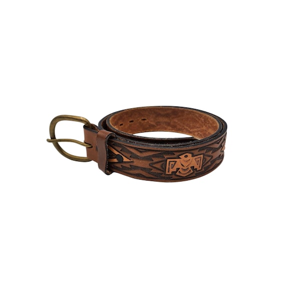 NIHAS Genuine Leather Western Belt Sz 32 Thunderbird Southwestern Boho Vtg Style Vintage Southwestern Thunderbird Geometric Embossed Tooled  main image 2