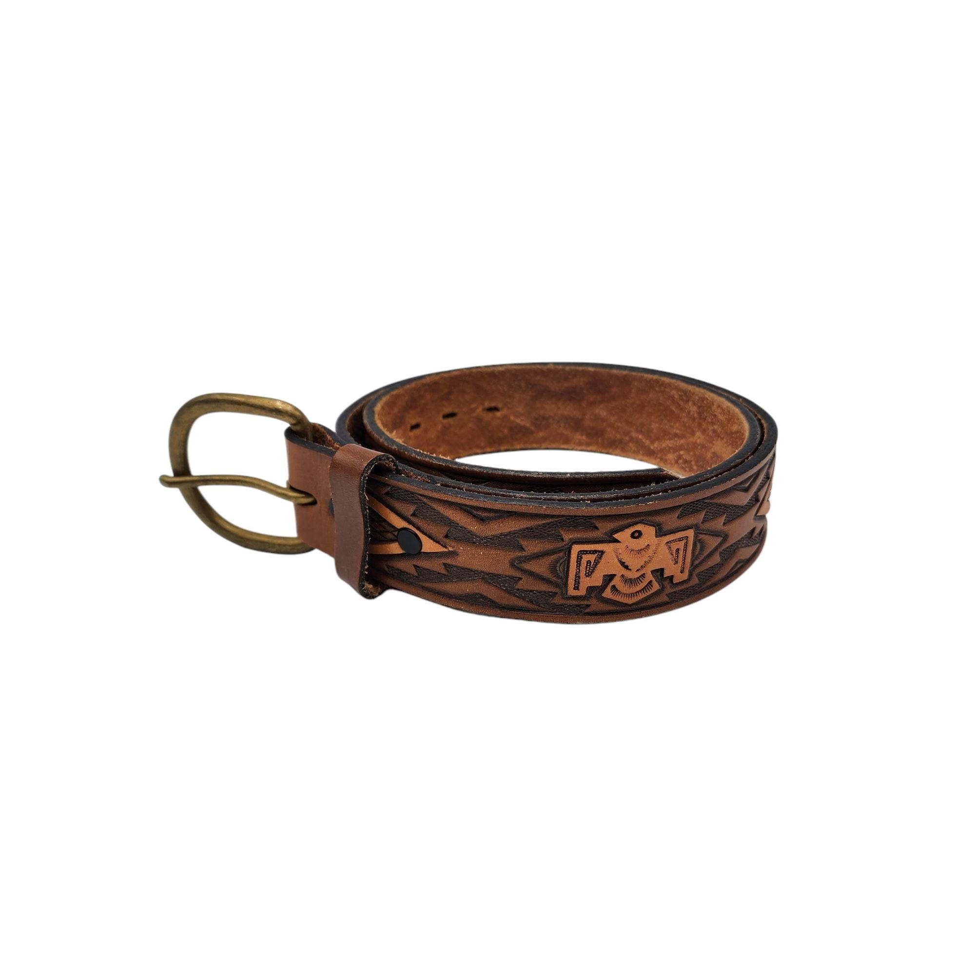 THUNDERBIRD Belt Native Western Tooled Leather sz 38 fits smaller South West Art Thunderbird Tooled Southwestern Belt – High Desert main image 3