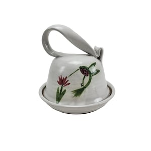 Vintage Signed Handmade Hummingbird & Flower Art Pottery Covered Stoneware Dish