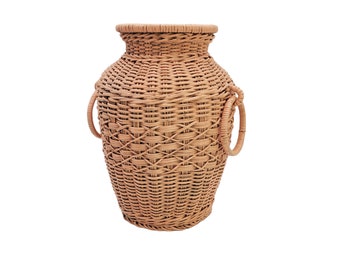 Vintage Pink Woven Wicker Rattan Handled 11.5" Floor Vase Basket / Wastebasket