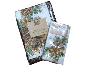 Vintage Benson Mills NOS Autumn Classics Pinecone Snowflake Jacquard 60x104 Oblong Table Cloth & 19x19 Cloth Napkin 5 Piece Set