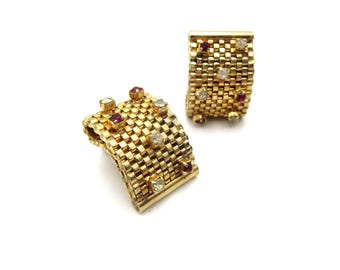 Pair of Vintage Gold Tone Mesh Red & Clear Rhinestone Clip On Earrings