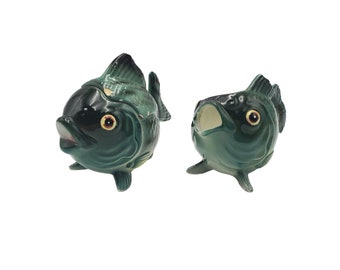 Vintage Made in Japan Anthropomorphic Kitschy Green Fish Ceramic Sugar and Creamer 3 Piece Set Fishermen Outdoorsy