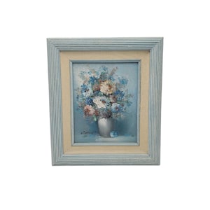 Vintage Robin Signed Hand Painted Flower Floral Bouquet in Vase 15&quot;x13&quot; Blue Framed Oil Painting Gallery Wall Art
