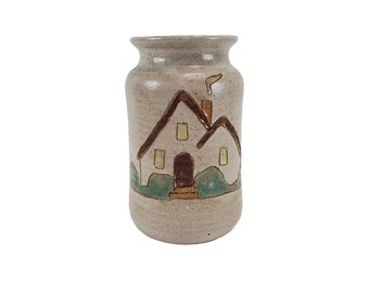 Vintage Folk Art Handmade House / Home 7.5" Beige Art Pottery Vase / Utensil Holder