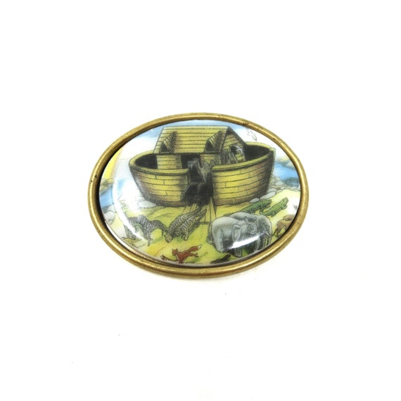 Vintage Brass Metal Religious Ceramic Oval Cabochon Noah's Ark Brooch
