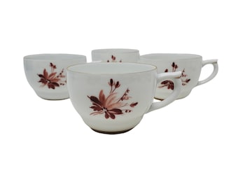 Set of 4 Arabia Made in Finland Kasin Maalattu Red & Pink Floral / Feather Porcelain Tea Cups
