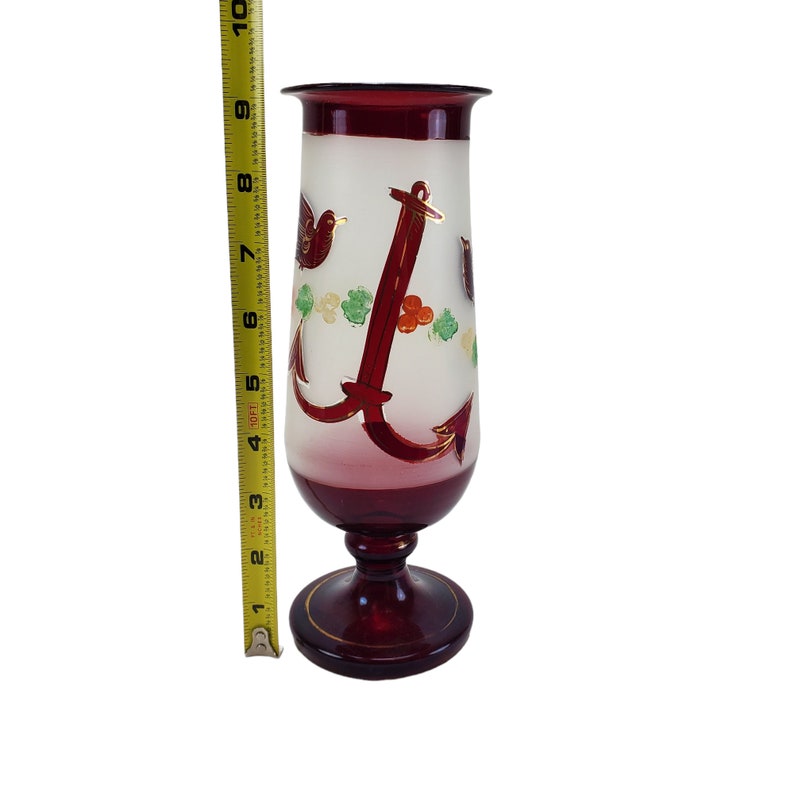 Vintage Hand Blown Bohemian Frosted and Red Ruby Flashed Glass Nautical Bird Anchor 9 Pedestal Vase image 2